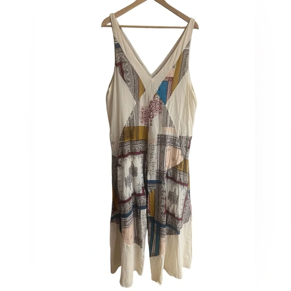 Free People Patchwork V-Neck Wide-Leg Jumpsuit in Cream, Blue, Mustard, Red - Picture 2 of 13